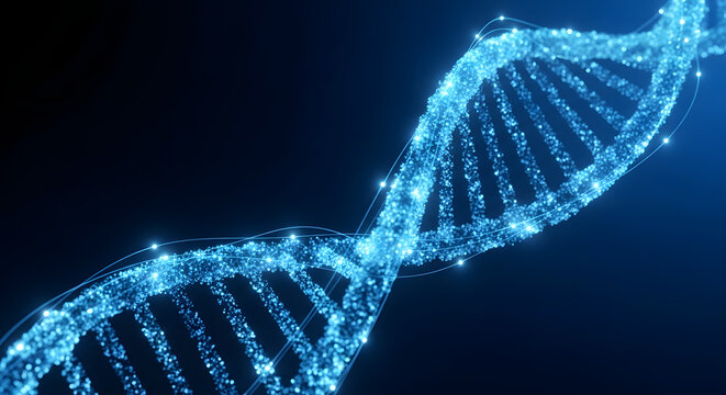 Abstract glowing blue digital dna helix structure with sparkling lights on dark background - Powered by Adobe