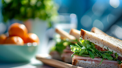 Fresh and appetizing sandwich with ham, cheese and arugula, served with tangerines. Perfect for a light lunch or snack.