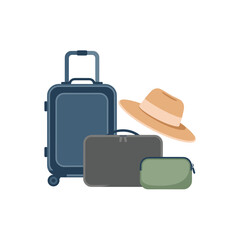 Travel Luggage Set with Suitcase Bags and Hat Vector Illustration