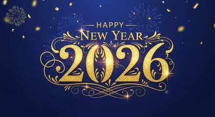Happy New Year 2026 Celebration - A festive celebrating the arrival of the New Year 2026, featuring golden text and fireworks on a blue background