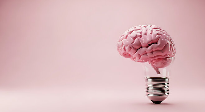 Pink brain inside clear light bulb on pink background lightbulb idea - Powered by Adobe