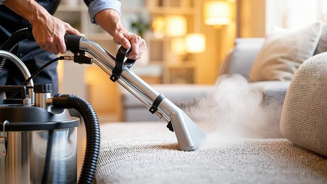 close-up of a worker using a steam extractor to deep clean a fabric sofa, showing hot vapor, upholstery care and home hygiene