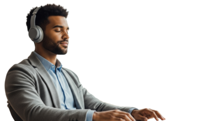 Diverse professional, late 20s-30s, neutral headphones, smart casual, deeply focused at minimalist desk with copy space in soft natural light, deep concentration and mental clarity concept.