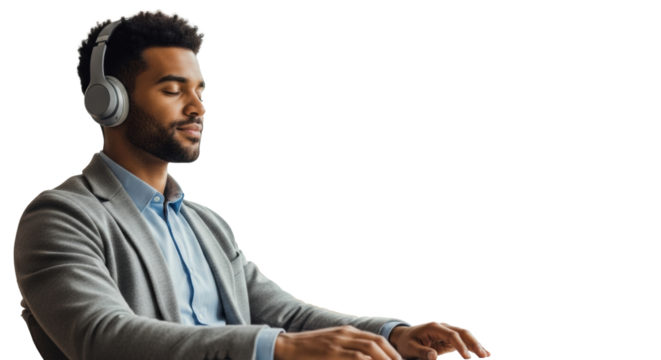 Diverse professional, late 20s-30s, neutral headphones, smart casual, deeply focused at minimalist desk with copy space in soft natural light, deep concentration and mental clarity concept.