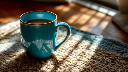 A calming blue mug filled with a dark beverage sits on a textured rug illuminated by sunlight on a wooden floor creating a tranquil ambiance.