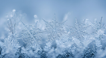 Delicate ice crystals form intricate patterns on a frosty surface in soft blue light