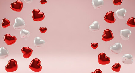 Red and white hearts floating on a pink background love