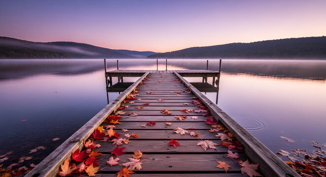 Calm lake at dusk: reflective water, floating dock, and sunset haze over still alpine silhouettes

 - Powered by Adobe