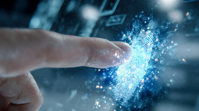 Human finger interacting with a digital fingerprint scanner illuminating futuristic biometric security technology for identity verification and access control