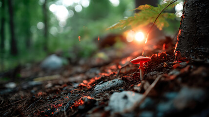 A single red mushroom stands out among the leaves and forest floor, highlighted by the sunlight streaming through the trees, in a forest.
