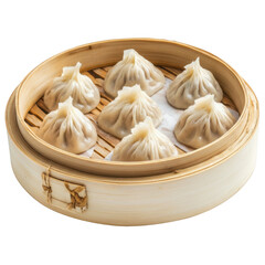 Steamed dumplings in bamboo steamer isolated on transparent background
