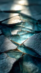 A sunlit path of broken aqua glass shards intermingled with rough, textured stones, evokes a sense of fragile beauty and natural contrast.