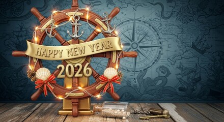 Nautical New Year Celebration 2026 - Celebrate 2026 with a nautical theme. A festive ship wheel symbolizing adventure, anchors representing stability, and shells signifying treasures of the year ahead