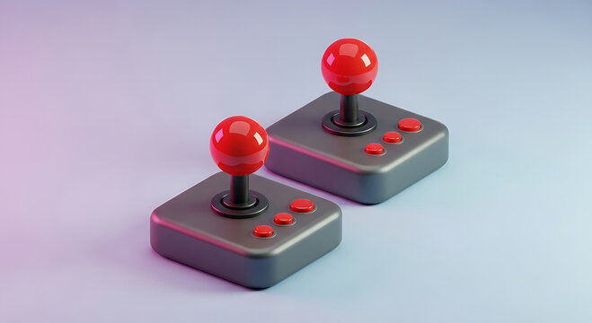 Two retro video game joysticks with red buttons and spheres controller