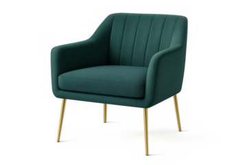 Teal velvet armchair with elegant golden legs, modern upholstered furniture providing comfort and contemporary style on transparent background