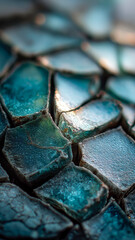 Fototapeta premium Detailed close-up of tessellated aqua glazed tiles, reflecting light and creating a textured mosaic, showcasing depth and color nuances.