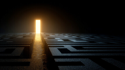 Abstract maze with glowing light path leading to the exit symbolizing guidance problem solving direction clarity strategy and the journey from complexity to solution in a modern conceptual design