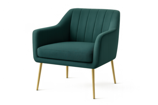 Teal velvet armchair with elegant golden legs, modern upholstered furniture providing comfort and contemporary style on transparent background