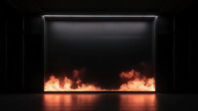 Burning flames inside dark modern interior stage
