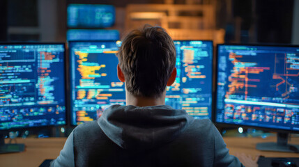 Programmer working late at night with multiple monitors displaying colorful lines of code and data analysis in a dimly lit modern office environment