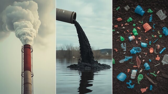 A collage showing air pollution water pollution and plastic pollution on the ground