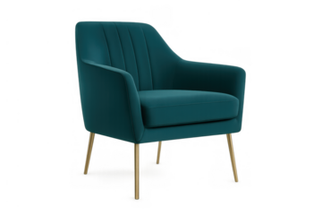 Teal velvet armchair with tufted back and gold legs, minimalist design providing comfort and modern style on transparent background