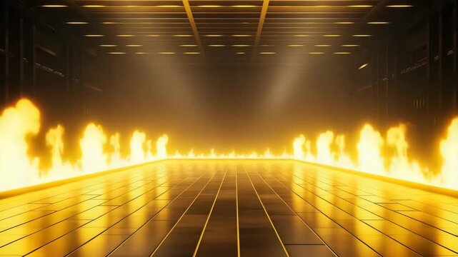 Futuristic burning platform with golden beams
