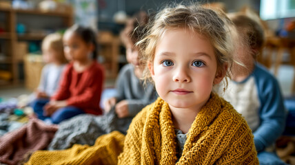 A young child with blue eyes and blond curly hair looks at the camera wrapped in a mustard color sweater at the preschool.