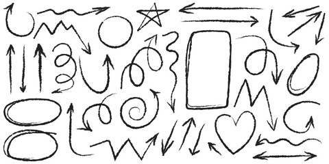 Hand drawn arrows, heart, stars and scribbles. Grunge scribble doodle chalk different curved lines, swirls arrows. Vector illustration
