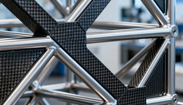 Medium shot of a steel and carbon fiber hybrid composite framework showcasing enhanced strength and lightweight design for advanced engineering applications.