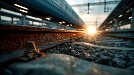 Sunset on the Railroad: A train approaches, sunburst between the tracks, gleaming rails, gravel, and station platform visible.