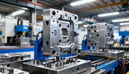 Modular adaptive molds being assembled quickly with interchangeable parts showcasing efficient customization in a modern factory setting