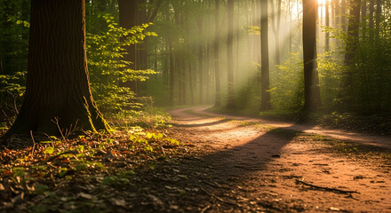 Fototapeta premium Golden-hour forest trail: sunlit path through towering trees with warm, dramatic light