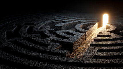 Abstract maze with glowing light path leading to the exit symbolizing guidance problem solving direction clarity strategy and the journey from complexity to solution in a modern conceptual design