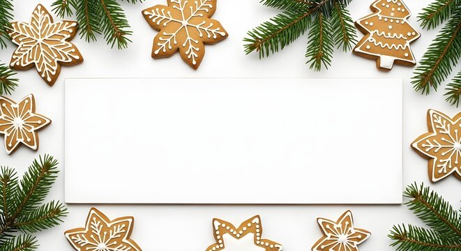 Festive christmas border frame made of gingerbread cookies shaped like stars and tree with green fir branch decoration on a white background, perfect for holiday greeting card or banner copy space - Powered by Adobe