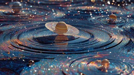 A holographic solar system floating in mid-air, with glowing planets, orbit lines, and shimmering light projections creating a futuristic sci-fi display.