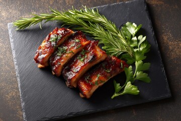 Pork ribs with fresh herbs and spices arranged neatly on a black slate board, showcasing a delicious and appetizing culinary presentation for food enthusiasts © Regina Gafarova