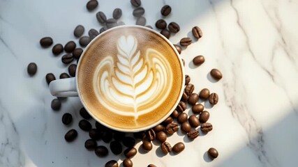 A high-angle, close-up shot beautifully captures a steaming cup of freshly prepared coffee, showcasing exquisite latte art with a delicate leaf or rosetta pattern. The pristine white ceramic mug is gr - Powered by Adobe