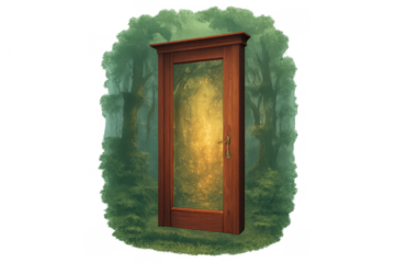 Wooden door standing in a mysterious, overgrown forest, revealing a bright, magical energy portal, offering new opportunities