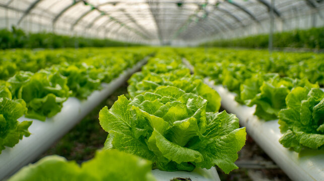 Rows of fresh green lettuce growing in a modern greenhouse with nutrient-rich hydroponic systems and natural light filtering through the translucent roof structure