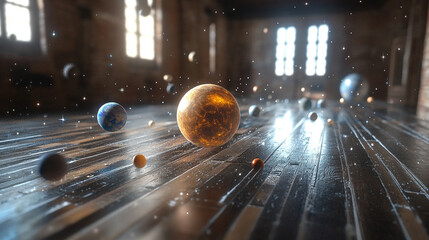 A holographic solar system floating in mid-air, with glowing planets, orbit lines, and shimmering light projections creating a futuristic sci-fi display.