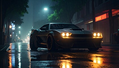 Futuristic aggressive cyber design modern muscle car at night streets in rain