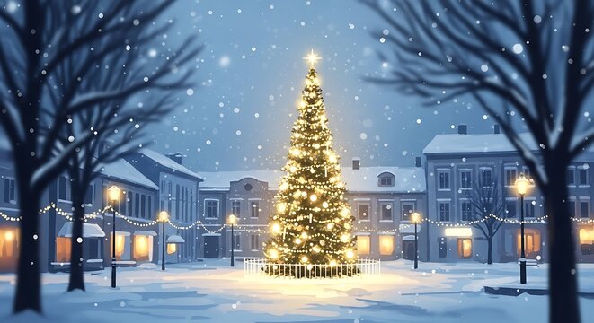 Christmas tree lights up a snowy town square during a winter holiday