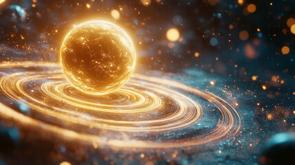 A holographic solar system floating in mid-air, with glowing planets, orbit lines, and shimmering light projections creating a futuristic sci-fi display.