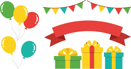 Birthday Party Celebration Elements Vector Set. Happy birthday card illustration with colorful balloons, gift box, and party decoration vector design