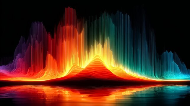 Colorful, abstract painting of a mountain range with a body of water in the foreground. The colors are vibrant