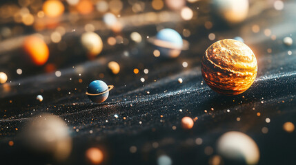 A holographic solar system floating in mid-air, with glowing planets, orbit lines, and shimmering light projections creating a futuristic sci-fi display.