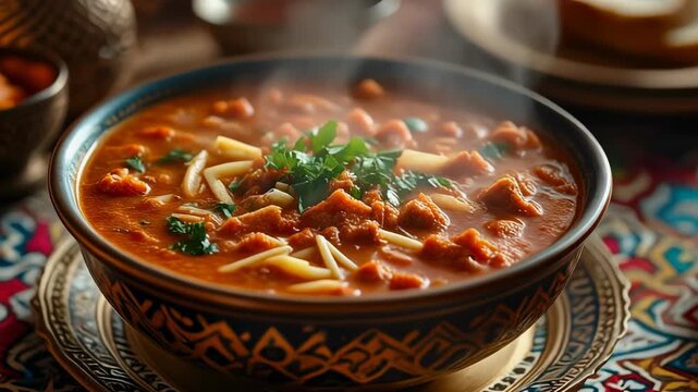 Steaming orange soup with pasta and herbs in patterned bowl on ornate tablecloth