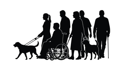 A group of people including those with disabilities and their companion animals walking together