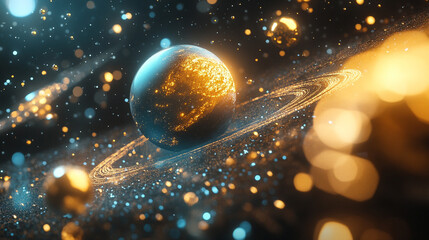 A holographic solar system floating in mid-air, with glowing planets, orbit lines, and shimmering light projections creating a futuristic sci-fi display.